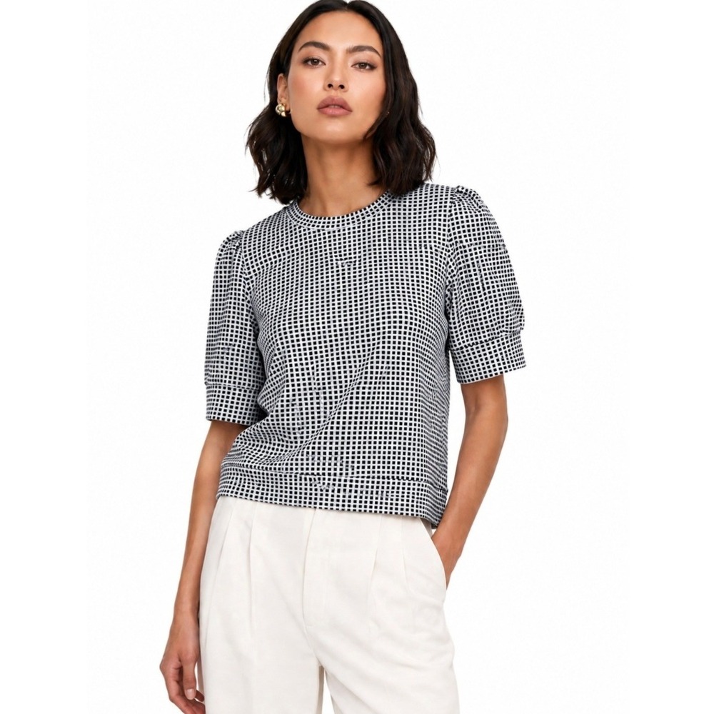 Les Serein Selene Navy Gingham Puff Short Sleeve Knit Top XXL NEW